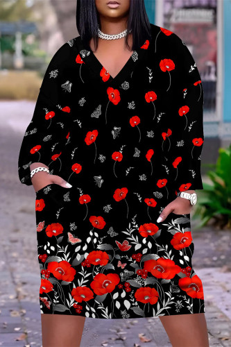 Black Casual Floral Print Pocket Contrast V Neck Printed Plus Size Dresses