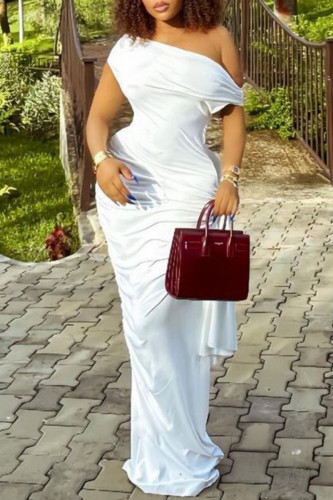 White Sexy Solid Color Ruched Oblique Collar Long Dresses