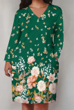 Baby Blue Casual Floral Print Pocket Contrast V Neck Printed Plus Size Dresses