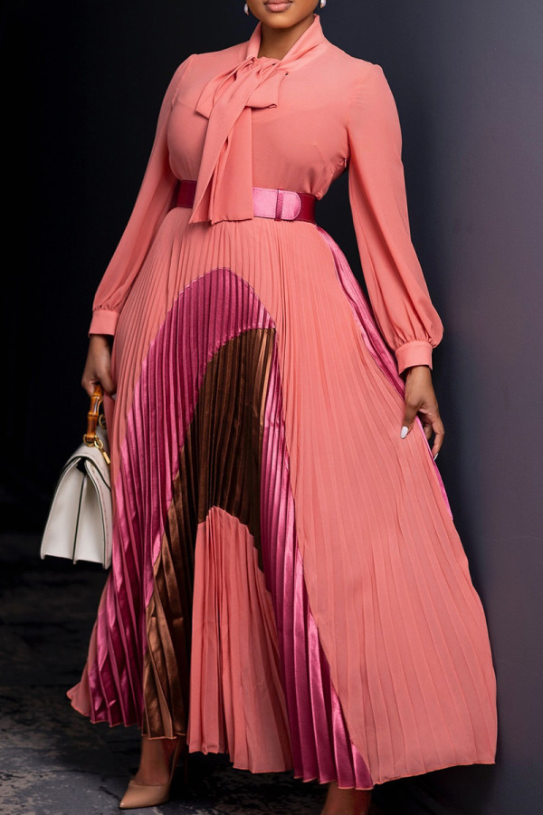 Orange Pink Elegant Print Patchwork With Belt Pleated Asymmetrical Collar Long Dresses