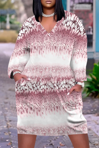 Pink Casual Floral Print Pocket Contrast V Neck Printed Plus Size Dresses