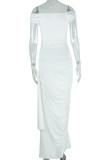 White Sexy Solid Color Ruched Oblique Collar Long Dresses