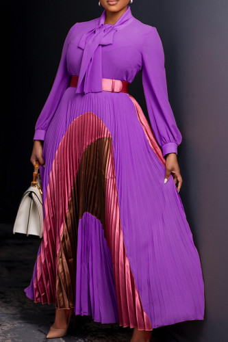 Purple Elegant Print Patchwork With Belt Pleated Asymmetrical Collar Long Dresses