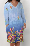Baby Blue Casual Floral Print Pocket Contrast V Neck Printed Plus Size Dresses