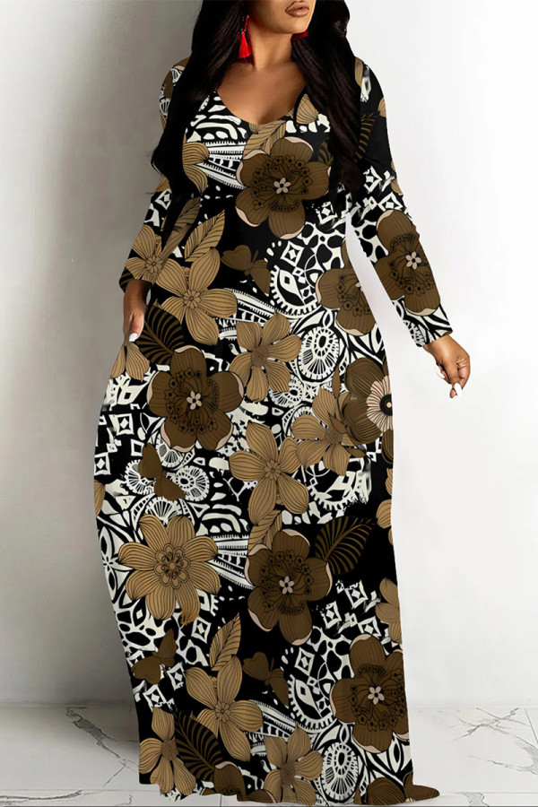 Deep Coffee Casual Street Floral Print Pocket Contrast V Neck Printed Dresses
