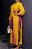 Yellow Elegant Print Patchwork With Belt Pleated Asymmetrical Collar Long Dresses