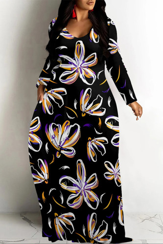 Black Casual Street Floral Print Pocket Contrast V Neck Printed Dresses