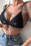 Black Sexy Patchwork Hollowed Out Rhinestone V Neck Tops