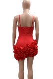 Red Sexy Solid Color Patchwork Irregular Ruffled Trim Spaghetti Strap Sling Dresses