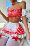 Red Sexy Plaid Print Backless Patchwork Lingerie Four-piece Set (Without Sock)