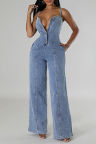 Light Blue Casual Solid Color Pocket Buckle Patchwork Backless Spaghetti Strap Loose Denim Jumpsuits