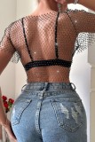 Black Sexy Patchwork Hollowed Out Rhinestone V Neck Tops