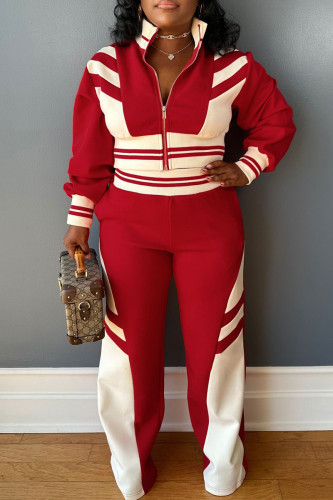 Red Casual Pocket Patchwork Zipper Contrast Zipper Collar Long Sleeve Two Pieces