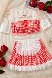 Red Sexy Plaid Print Backless Patchwork Lingerie Four-piece Set (Without Sock)