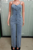 Light Blue Casual Solid Color Pocket Buckle Patchwork Backless Spaghetti Strap Loose Denim Jumpsuits