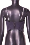 Black Sexy Nightclub Hot Rhinestone Patchwork Backless Spaghetti Strap Tops