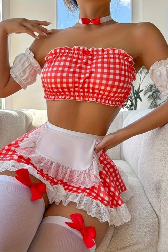 Red Sexy Plaid Print Backless Patchwork Lingerie Four-piece Set (Without Sock)