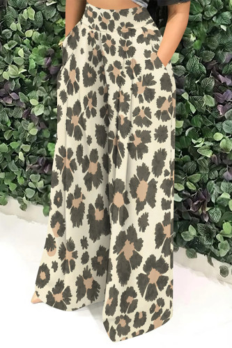 Beige Casual Street Geometric Print Pocket Contrast Loose High Waist Wide Leg Full Print Bottoms