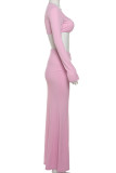 Pink Sexy Solid Color Patchwork Square Neck Long Sleeve Two Pieces
