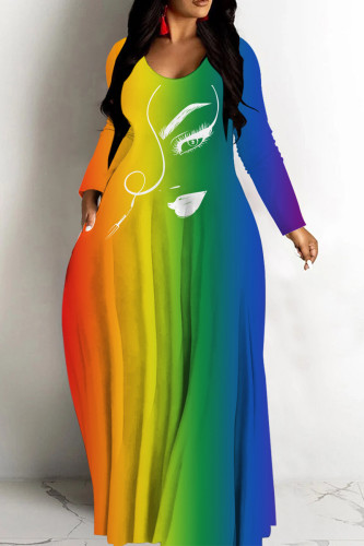 Green Yellow Casual Gradient Print Basic V Neck Long Dresses
