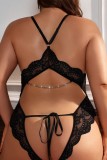 Black Sexy Solid Color Lace Hollow Out See-Through Backless Spaghetti Strap Plus Size Sleepwear