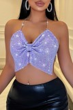 Purple Sexy Hot Club Solid Color Patchwork Chains Backless Halter Tops