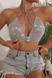 Silver Sexy Nightclub Hot Solid Color Chains Backless Halter Tops