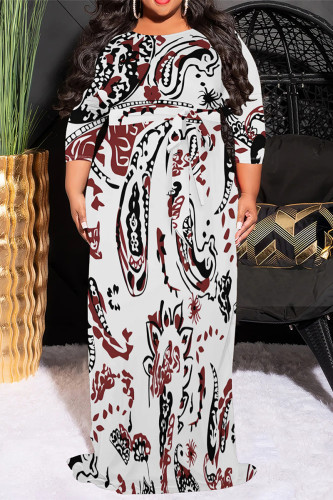 White Casual Floral Print Lace Up Contrast O Neck Printed Plus Size Dresses
