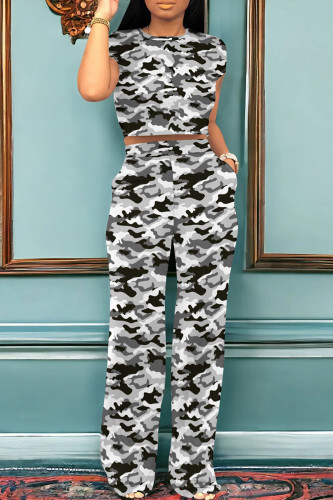Grey Casual Camouflage Print Pocket Patchwork O Neck Short Sleeve Two Pieces