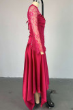 Rose Red Elegant Solid Color Lace Patchwork O Neck Irregular Dresses