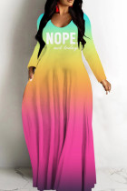 Green Purple Casual Gradient Print Basic V Neck Long Dresses