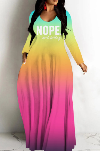 Green Purple Casual Gradient Print Basic V Neck Long Dresses