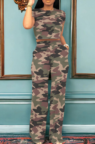Brownness Casual Camouflage Print Pocket Patchwork O Neck Short Sleeve Two Pieces