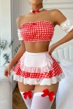 Red Sexy Plaid Print Backless Patchwork Lingerie Four-piece Set (Without Sock)