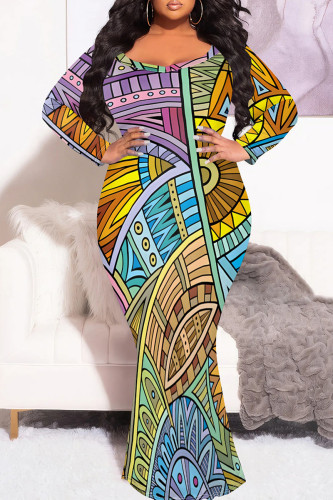 Colour Casual Print Patchwork O Neck Long Plus Size Dresses