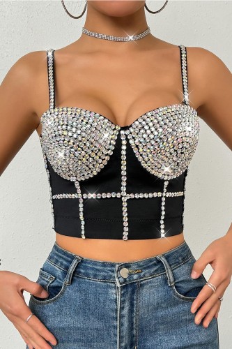 Black Sexy Nightclub Hot Rhinestone Patchwork Backless Spaghetti Strap Tops