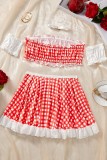 Red Sexy Plaid Print Backless Patchwork Lingerie Four-piece Set (Without Sock)