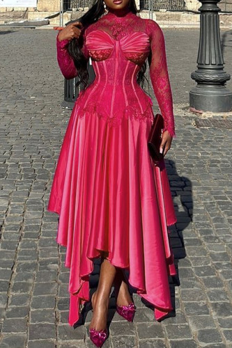Rose Red Elegant Solid Color Lace Patchwork O Neck Irregular Dresses