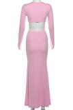 Pink Sexy Solid Color Patchwork Square Neck Long Sleeve Two Pieces