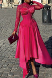 Rose Red Elegant Solid Color Lace Patchwork O Neck Irregular Dresses