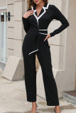 Black Casual Patchwork Contrast Turn-back Collar Regular Jumpsuits