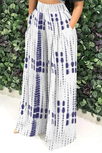 Blue White Casual Street Geometric Print Pocket Contrast Loose High Waist Wide Leg Full Print Bottoms