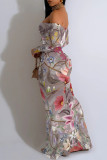 Light Pink Sexy Floral Print Fishtail Off Shoulder Fishtail Dresses