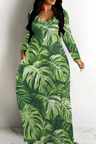 Green Casual Print Patchwork U Neck Long Dresses
