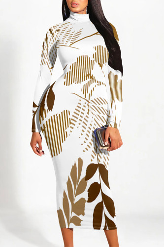 White Casual Street Floral Print Contrast Half A Turtleneck Printed Dresses
