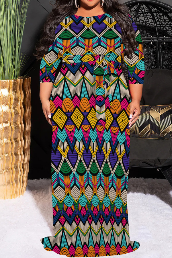 Green Purple Casual Print Patchwork O Neck Long Plus Size Dresses