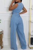 Light Blue Casual Solid Color Pocket Patchwork Strap Design Zipper Zipper Collar Loose Denim Jumpsuits