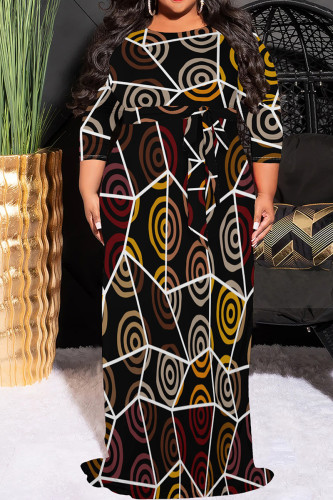 Black Casual Print Patchwork O Neck Long Plus Size Dresses