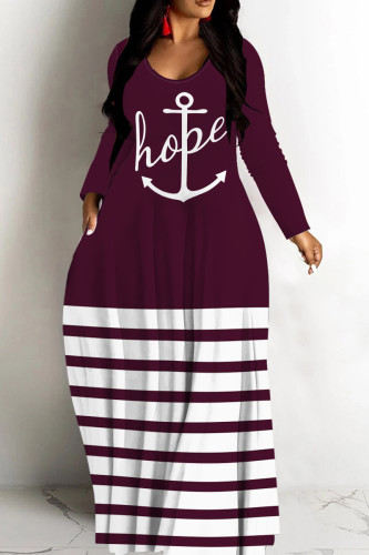 Fuchsia Casual Striped Print Basic V Neck Long Dresses