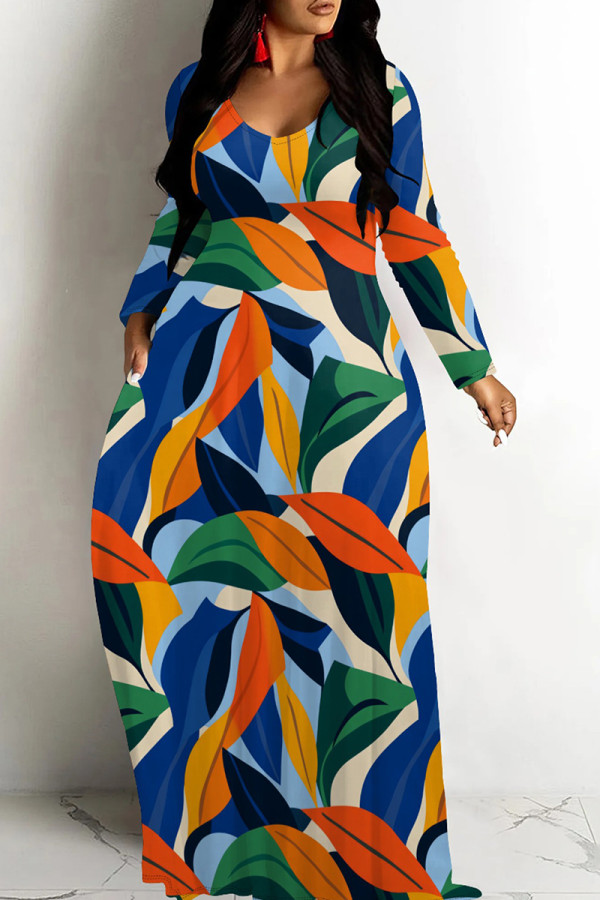Multicolor Casual Print Patchwork U Neck Long Dresses